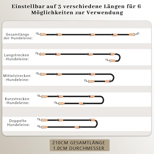 Hundeleine für Mittelgroße & Große Hunde, Multifunktionsleine Führleine für Hunde 2.1m Verstellbare mit 2 Karabiner, Robuste Nylon Dog Leash, Schleppleine Doppelleine für 2hunde (Schwarz, 1cm x 2.1m)