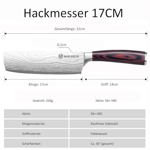 WULEECO Küchenmesser Hackmesser 18 cm, Japanisches Nakiri Messer, Profi Kochmesser Fleischmesser aus Hochwertigem Edelstahl, Extra Scharfe messer für Küchen mit Ergonomischem Pakkaholz-Griff