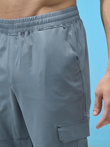 Image of TECHNOSPORT Men's Solid Straight Fit Cargo Pants TS Flexi 6 Pocket Polyester Quick Dry Elasticated Drawstring for Gym Travel Running Workout