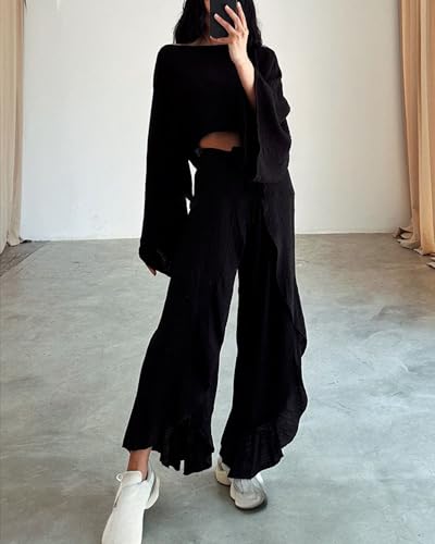 VCM Boho Set Bikini Cover Up Loose Crop Top Wide Leg Pants with High Slit Casual Tropical Vacation Outfits for Women2