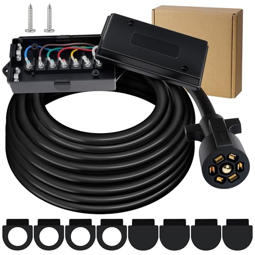 Heavy Duty 7 Way Trailer Cord 15FT with 7 Gang Waterproof Junction Box, Breakaway Switch and Plug Holder 12V, 7 Pin Pure Copper Trailer Connector Cable Wiring Harness for RV, Campers, Towing Car