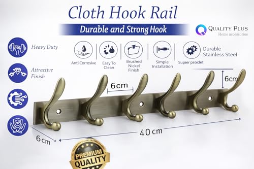 Image of Exclusive Extra Long 40 cm Antique Brass 6 Pin Metal Bathroom Cloth Hooks Hanger Door Wall Robe Hooks Rail for Hanging Keys,Clothes,Towel (2, Antique)