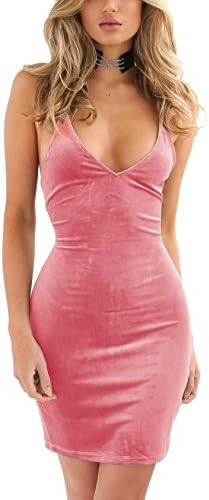 Zyyfly Doramode Womens Spaghetti Strap Bodycon Sleeveless Backless Velvet Sexy Short Club Dress Pink