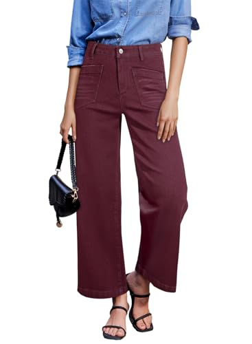 Sidefeel Jeans for Women Trendy High Waisted Stretchy Wide Leg Jeans Straight Loose Zimbaplatinum Ankle Denim Pants Burgundy Size 6