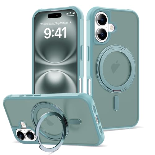 Image of Compatible with iPhone 16 Case with Stand 6.1 inch,Green | Matte Translucent Phone Case for iPhone 16,360 Magnetic Ring Stand,Compatible Mag-Safe,Military Grade Protection
