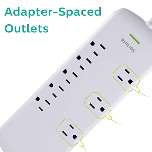 Image of Philips 8 Outlet Power Strip Surge Protector, 8ft Extra-Long Power Cord, Flat Plug, Wall Mount, 2160 Joules, ETL Listed, Circuit Breaker, Automatic Shutdown, White, SPP3086WB /37