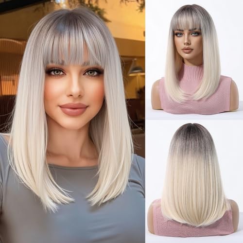 Novastel Platinum Blonde Ombre Human Hair Wigs for Women Shoulder