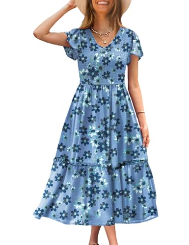 Image of YESNO Women Summer Boho Floral Casual Dresses V Neck Ruffle Cap Sleeve Smocked Midi Dress with Pockets EVA