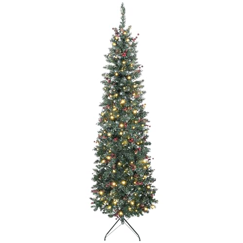 HOMCOM Albero di Natale Slim 210 cm Artificiale, Luci Incorporate in 8 Modalità, 656 Rami Folti Ignifughi Innevato, 55 Pigne e 55 Grappoli di Bacche, Albero Natale Stretto e Alto con Base in Metallo