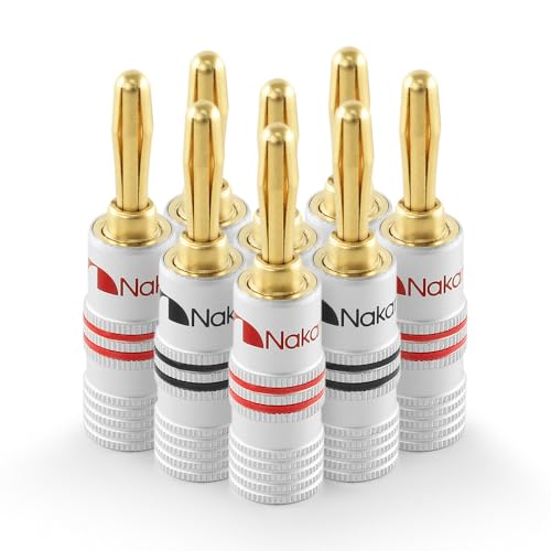 Nakamichi 24K vergoldeter Bananenstecker 12 AWG - 18 AWG Gauge Größe 4mm für Lautsprecher Verstärker Hi-Fi AV Receiver Stereo Heimkino Audiokabel Stecker schraubbar 8 Stück (4-Paare)