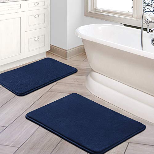 H.VERSAILTEX Bath Mat Memory Foam Set Bathroom Rug Set Flannel Velvety Bath Mat Luxury Extra Soft and Absorbent Non Slip Rugs for Bathroom/Bedroom Washable(2 Pack- 20"x 32"/ 17"x 24", Navy)