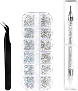 Sularpek 1500 Pcs Rhinestones, 6 Sizes Flat Back Gems, AB Clea Crystal Nail Art Rhinestones, with Pick Up Tweezers and Rhinestone Picker Dotting Pen, Nail Art Tools for Crafts Nail and Face