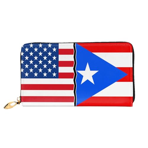 American flag and Flag of Puerto Rico Ladies Long Style Leather Purses Credit Card Billfold Handheld Wallet