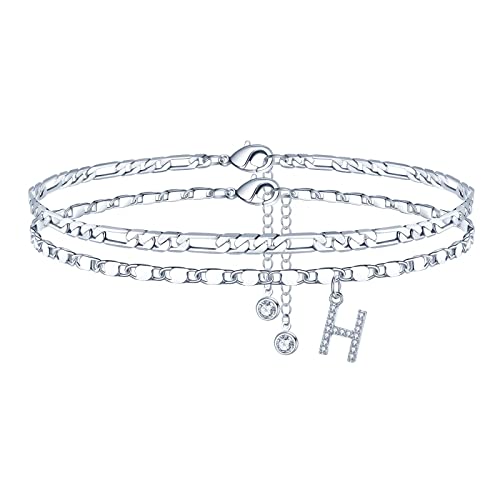 Image of Ursteel Ankle Bracelets for Women, 14K-Gold-Plated Dainty Layered Chain CZ Initial Anklets Set Summer Jewelry Gifts for Women