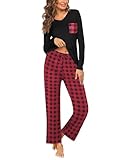 Ekouaer Conjunto de Pijama de Manga Larga de 2 Piezas a Rayas, Ropa de Dormir de Invierno Colección otoño/Invierno Negro+Rojo S
