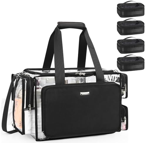 Relavel Clear Makeup Bag with 4 Small Pouches, Extra Large Makeup Artist Kit Set, Cosmetic Storage Organizer Transparent Tote Beach Toiletry Bag with Adjustable Dividers & Shoulder Strap