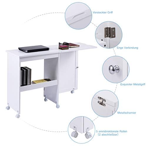 FANTASK Mesa de Costura Plegable 2 en 1 de Madera con 3 estantes para bobinas y Ruedas con Bloqueo, Color Blanco