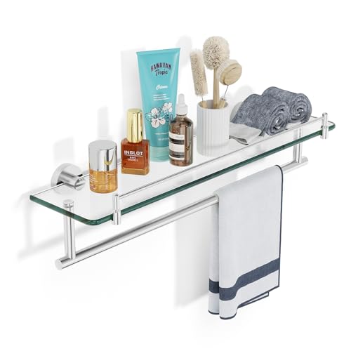 KOCOK 20-Inch Floating Tempered Glass Bathroom Shelf with Towel Bar - Brushed Nickel & Stainless Steel, Wall Mount