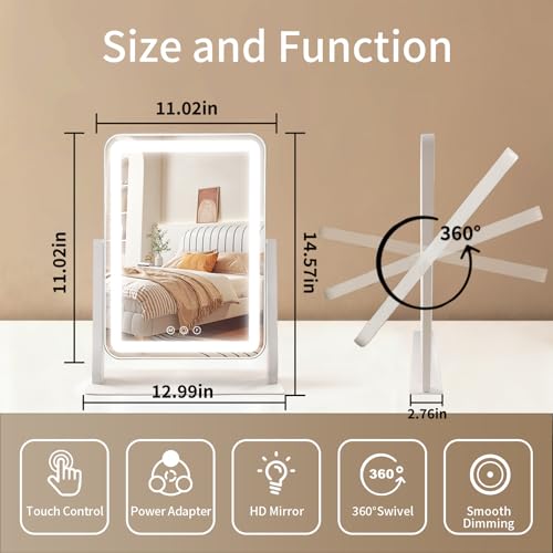 Image of ROLOVE Vanity Mirror with Lights 14.6x13 Inch, Smart Touch Control, 3 Color Lighting Modes, Table Top Mirror with Stand for Bedroom