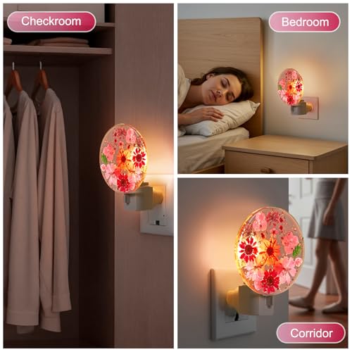 Image of Glooglitter Pressed Flower Night Light Plug in-Handmade Dried Floral Wall Night Light, Soft Glow Decorative Nightlight for Hallway Bedroom Nursery Bathroom, Vintage Botanical(Red,Flower)
