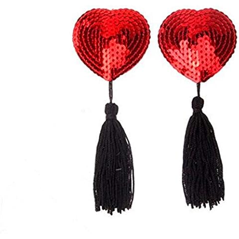 Berocia Adhesive Women Reusable Breast Pasties Bra Heart-Shaped with Sequins Tassel Nipple Cover Stickers Cover