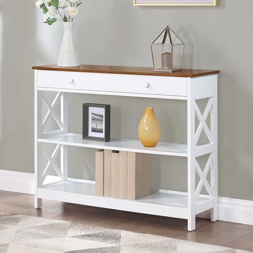 Image of Convenience Concepts Oxford 1-Drawer Console Table 39.5 inch - Farmhouse Sofa Display with Storage Shelf For Living, Family, & Dining Room, Modern Entryway Hall Table for Kitchen, Bedroom, Driftwood /White