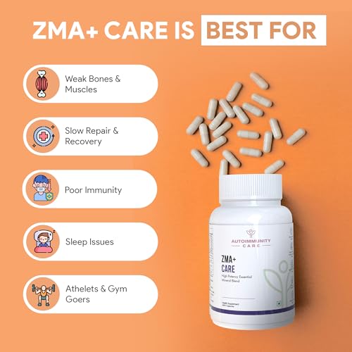 Image of ZMA+ Care | Zinc Magnesium Supplement with Vitamin B6 | Supports Sleep, Muscle Recovery, Brain Health, Immunity & Stress Relief | ZMA Supplement for Men & Women | 60 Caps (30 doses)
