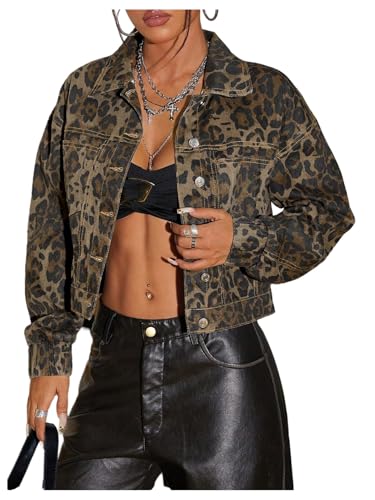 WDIRARA Women's Leopard Denim Jacket Button Down Long Sleeve Jean Outerwear Crop Jacket