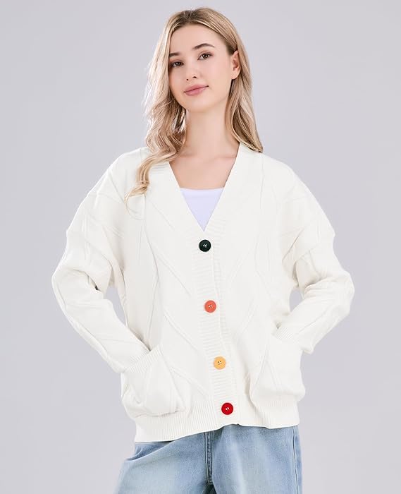 Image of utcoco Womens Open Front Cardigan Cable Knit Long Sleeve Button Down Embroidery Cardigan Sweaters