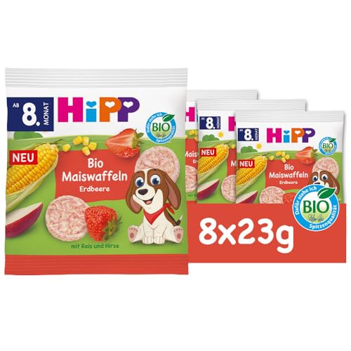 HiPP Bio Maiswaffeln Erdbeere (8 x 23 g) Babysnack ab 8. Monat glutenfrei Süße nur aus Obst und Gemüse ideal für unterwegs & zwischendurch