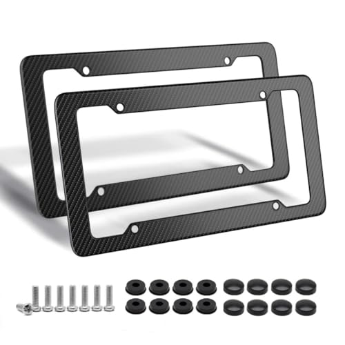 Carbon Fiber License Plate Frame Glossy Waterproof Plastic Number Plate Frame Print Carbon Fiber Pattern for Man and Women (with Fasteners and Screws) 2 Pack