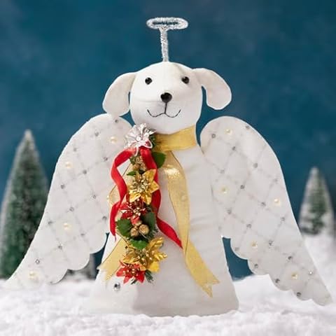 iHeartDogs Christmas Tree Topper Decoration - The Original Dog ‘Christmas Miracle’ Angel Dog Tree Topper LED Lighted Poinsettia Garland & Wings Decor Ornament, Holiday Decoration Cover