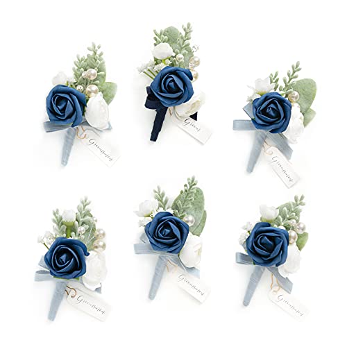 blue boutonniere - Ling's Moment Set of 6 Boutonniere for Men for Wedding Groom Groomsmen Boutonniere for Wedding Ceremony Anniversary Formal Dinner Party, Navy Blue