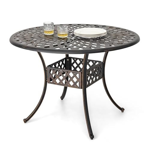 Image of NUU GARDEN Cast Aluminum Outdoor Round Dining Table 42 Inch Patio Table with 2.24 Inch Umbrella Hole for Garden Backyard Balcony Black with Gold-Painted Edges