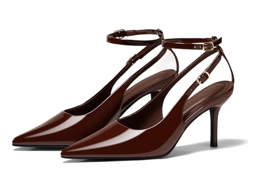 Coutgo Womens Slingback High Heels Closed Pointed Toe Pumps Ankle Strap Work Dress Shoes, Coffee, Size 7