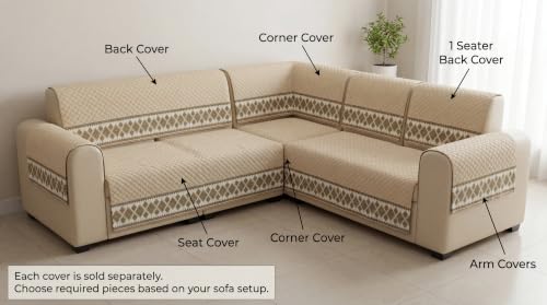 Image of KINGLY L-Shape Sofa Cover 5 Seater 3+2 Velvet Full Cover - Cream Beige | Fully covered quilted velvet slipcover, washable anti-slip furniture protector, L-type corner sofa cover for living room