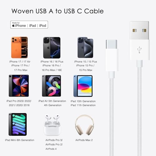 IPhone17/16/15 Car Carplay Charger Cable, USB A to USB C Woven Cable Compatible for IPhone 17Air, 16E, 17/16/15 pro max, 16/15 Plus Charging Cord, AirPods 4, AirPods (2nd/3rd Gen) Charging Power Cable - Image 3