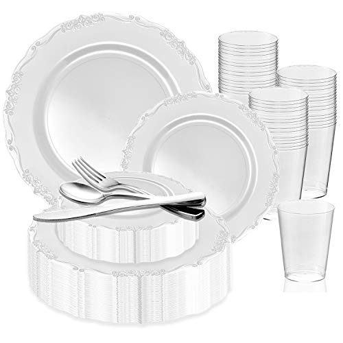 720 Piece Elegant Disposable Plastic Dinnerware Set For 120 Guests - Fancy Vintage White Dinner Plates, Dessert Salad Plates, Silverware Set & Party Cups For Wedding, Birthday Parties & All Occasions #TOP9