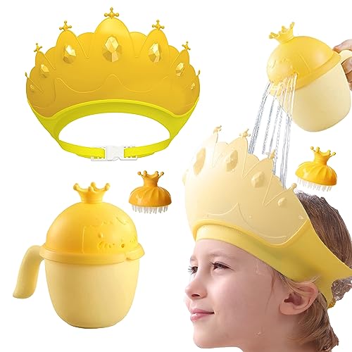 Baby Shower Cap Shield, Baby bath set shower cap/water cup/massage brush,Visor Hat for Eye and Ear Protection for 0-9 Years Old Children,Cute Crown Shape Makes the Baby Bath More Fun (Yellow)