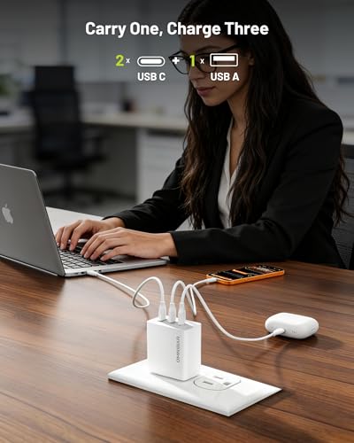 Image of 65W USB C Charger, 3-Port Foldable GaN Fast Charger with 4ft Cable | 2 USB-C PD & 1 USB-A, Compact Travel Design, Type C Charger Fast Charging, for iPhone 17 /16 /15, Galaxy S26 /S25, iPad, MacBook