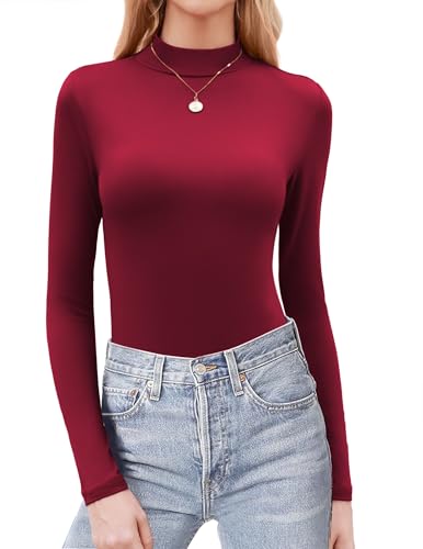 Zeagoo Camiseta de Mujer Cuello Alto Manga Larga Slim Fit Elástica Ligera Camiseta Interior Térmica Tallas XS-XXL Rojo Oscuro M