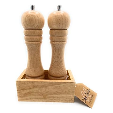 Casa Cuisine® Cruet Set, Salt & Pepper Mills Large 21cm and Wooden Cruet Box - Herb, Spice, Grinder. Gift Boxed Cover