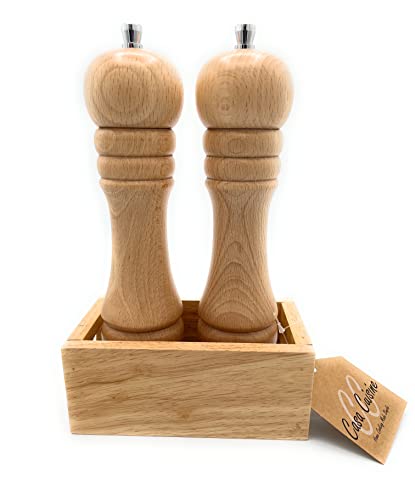 Casa Cuisine® Juego de molinillos de sal y pimienta grande de 21 cm y caja de madera para vinagre, hierbas, especias y molinillo Cover