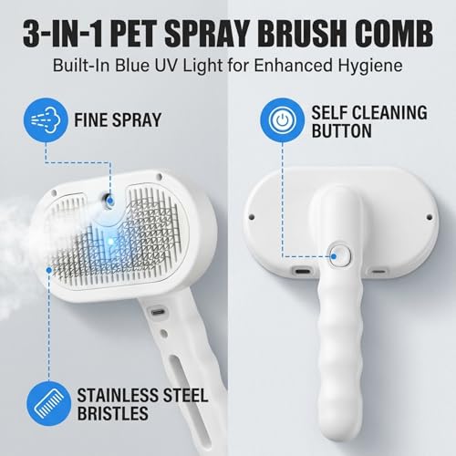 Image of MAK7 4-in-1 Pet Grooming Brush for Dogs & Cats - Professional Deshedding Tool with UV Light for Skin Health & Odour Control - Large White Comb for Long & Short Hair - Effective Tangle & Mat Removal