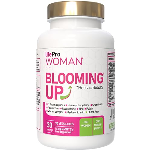 Vitaminas para o cabelo com biotina, anti-queda para mulher Blooming Up, biotina cabelo pele e unhas, colagénio peptídeos glucosamina condroitina, colagénio hidrolizado puro com zinco e astaxantina