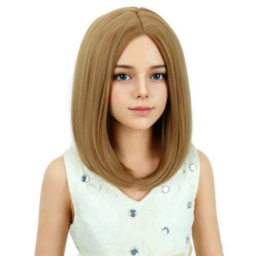 Image of Kids Blonde Wig Girls Strawberry Blonde Bob Wig Child Short Bob Wig Middle Part Wig for Kids Synthetic Wigs with Wig Cap