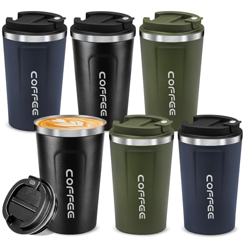 6 Stück Edelstahl Thermobecher 380 ml–Isolierter Kaffeebecher To Go für Heiß- und Kaltgetränke, Wiederverwendbare Trinkbecher mit Auslaufsicherem Deckel für Auto, Büro, Camping & Fitness (3 Farben)