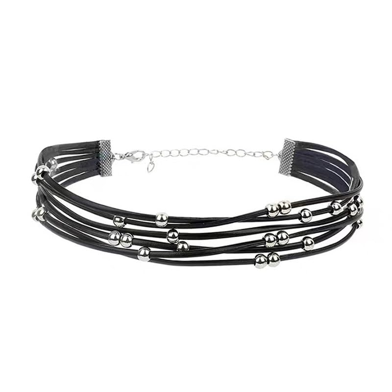 El Regalo Bohemia Layered Choker Necklace- Gothic Black Suede Leather Collar Choker with Silver Beads Multilayer Necklace for Women & Girls (B0D76C3D58) Amazon Price History, Amazon Price Tracker
