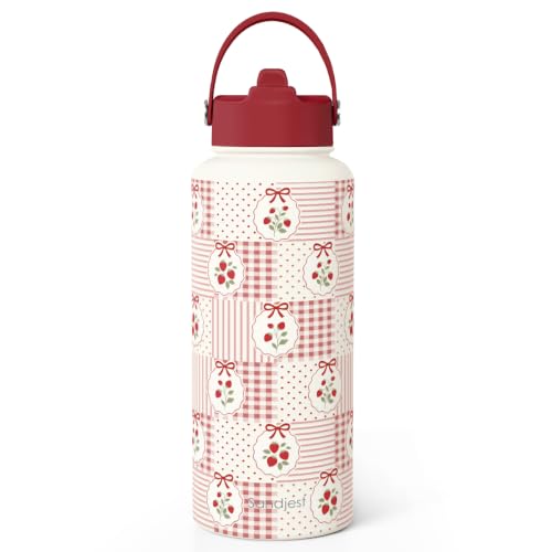 Strawberry Stainless Steel Water Bottle 32 Ounces with Lid & Straw, Sport Insulated Bottles for Girls Women
