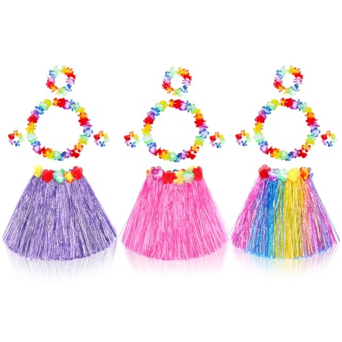 Fortuning's JDS 3 Sets Girl's Elastic Hawaiian Hula Dance Grass Skirt with Flower Costume Set for Luau Tropical Beach Party
